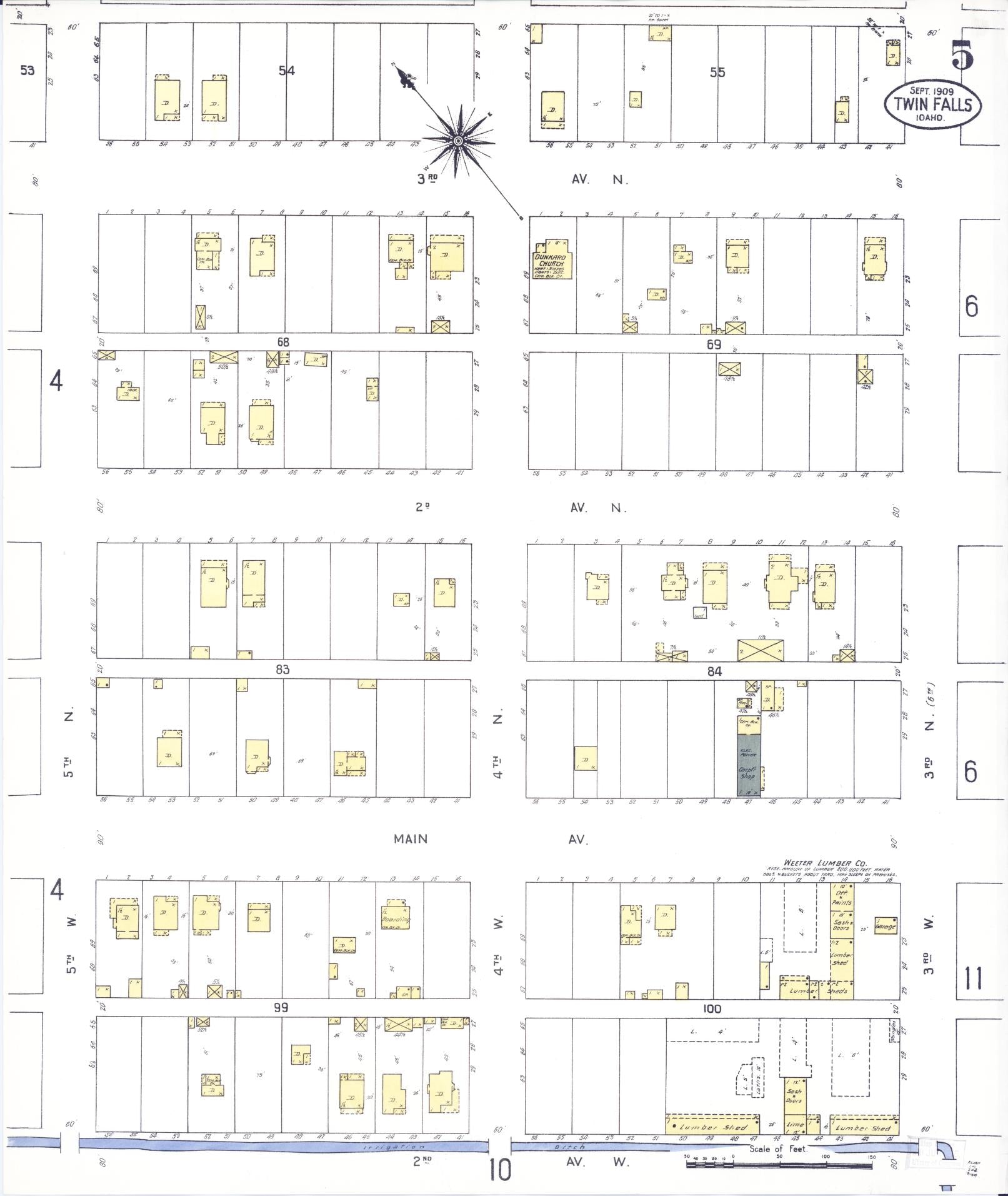 Sanborn Fire Insurance Map from Twin Falls, Twin Falls County, Idaho (1909), Sheet #0005 - Historic Sanborn Fire Insurance Map Print, vintage old map wall art, antique decor, genealogy gift, Falls Idaho map