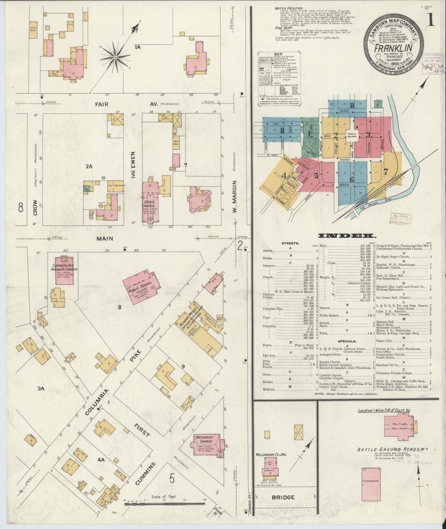 Sanborn Fire Insurance Map from Franklin, Williamson County, Tennessee (1908), Sheet #0001 - Historic Sanborn Fire Insurance Map Print, vintage old map wall art, antique decor, genealogy gift, Tennessee Tennessee map