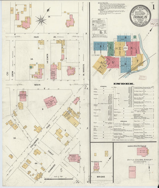 Sanborn Fire Insurance Map from Franklin, Williamson County, Tennessee (1908), Sheet #0001 - Historic Sanborn Fire Insurance Map Print, vintage old map wall art, antique decor, genealogy gift, Tennessee Tennessee map