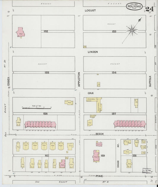Sanborn Fire Insurance Map from Holyoke, Hampden County, Massachusetts (1889), Sheet #0024 - Historic Sanborn Fire Insurance Map Print, vintage old map wall art, antique decor, genealogy gift, Massachusetts Massachusetts map