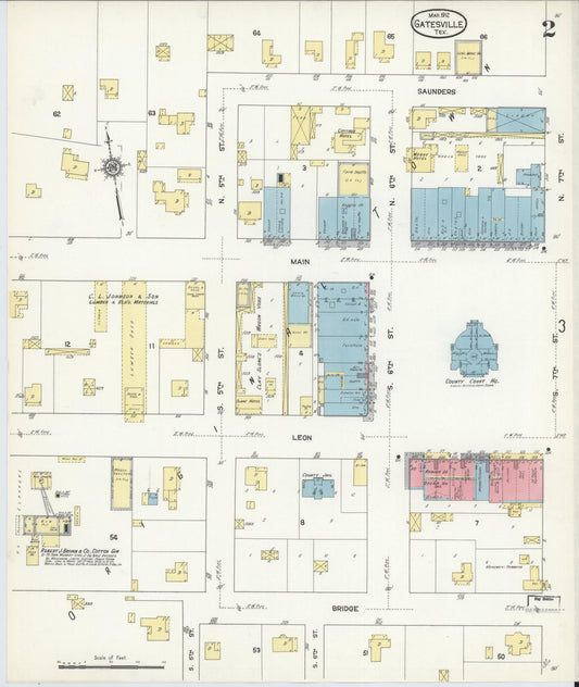 Sanborn Fire Insurance Map from Gatesville, Coryell County, Texas (1912), Sheet #0002 - Historic Sanborn Fire Insurance Map Print, vintage old map wall art, antique decor, genealogy gift, Texas Texas map