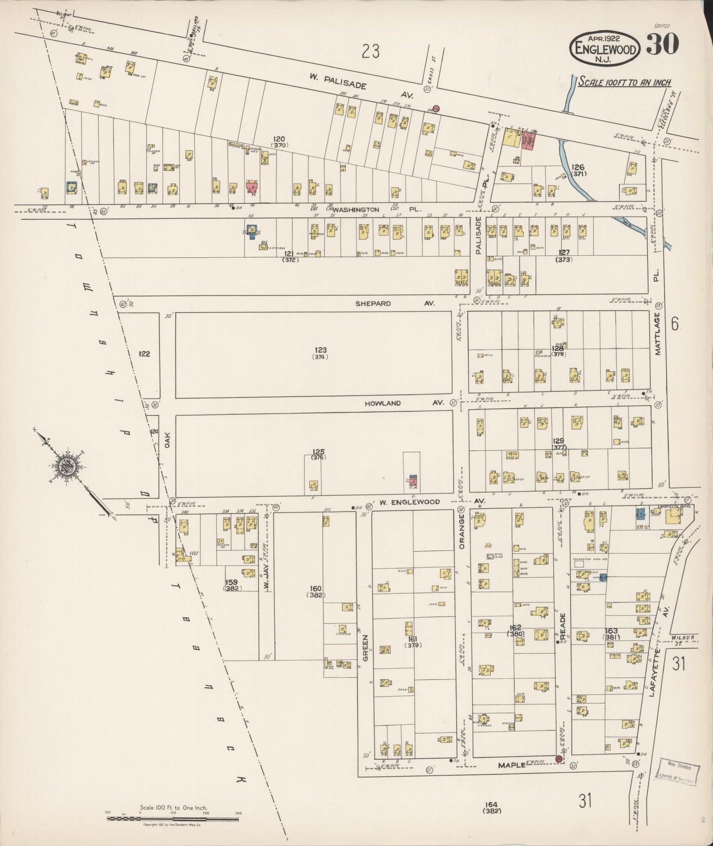 Sanborn Fire Insurance Map from Englewood, Bergen County, New Jersey (1922), Sheet #0030 - Historic Sanborn Fire Insurance Map Print, vintage old map wall art, antique decor, genealogy gift, New Jersey New Jersey map