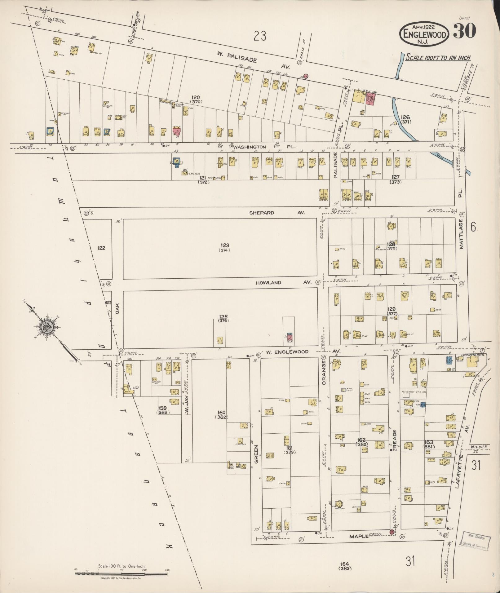 Sanborn Fire Insurance Map from Englewood, Bergen County, New Jersey (1922), Sheet #0030 - Historic Sanborn Fire Insurance Map Print, vintage old map wall art, antique decor, genealogy gift, New Jersey New Jersey map