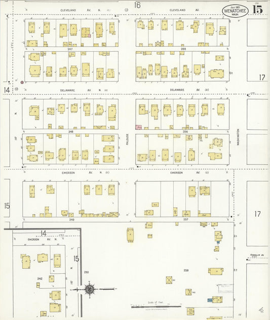 Sanborn Fire Insurance Map from Wenatchee, Chelan County, Washington (1921), Sheet #0015 - Historic Sanborn Fire Insurance Map Print, vintage old map wall art, antique decor, genealogy gift, Washington Washington map