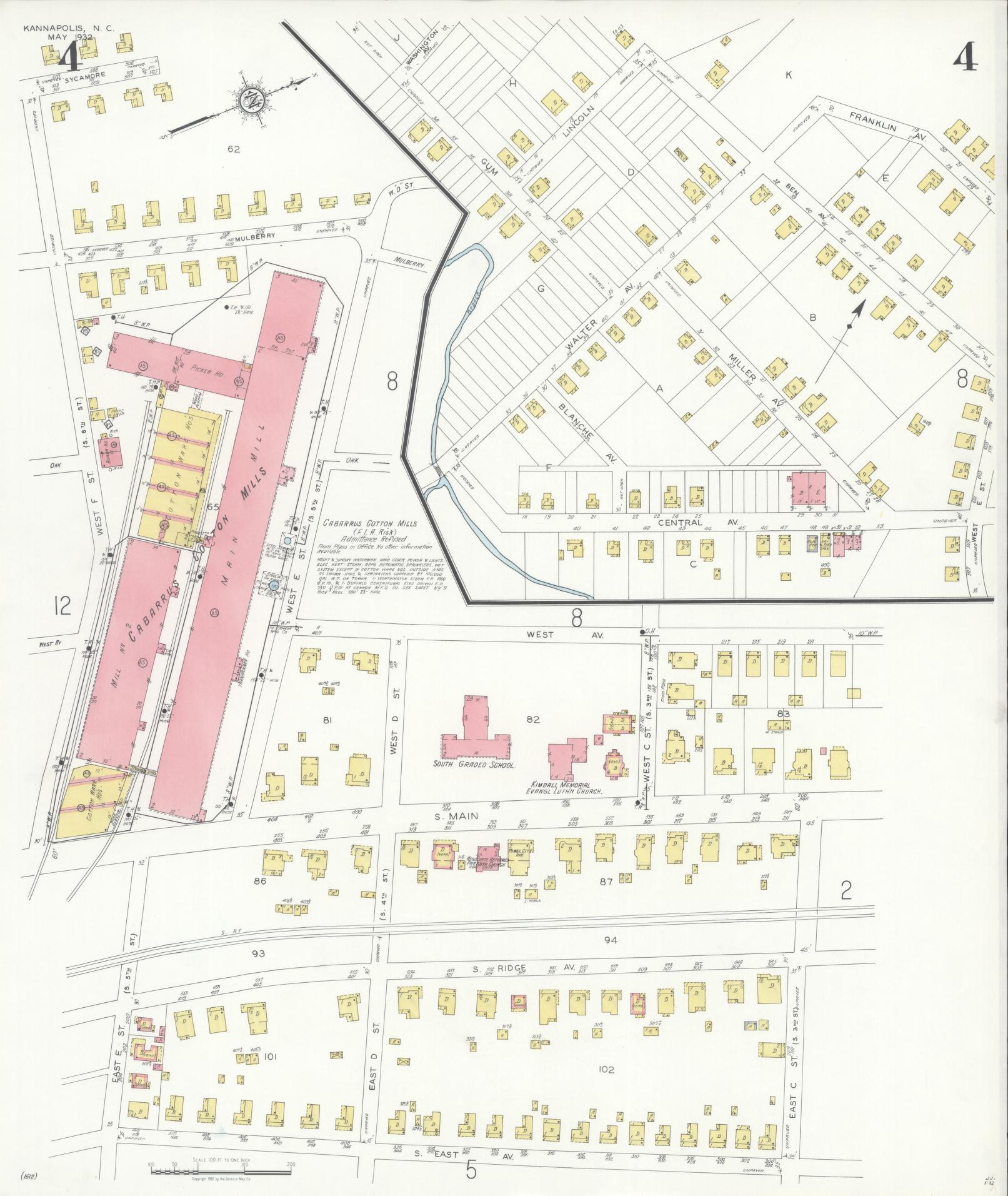 Sanborn Fire Insurance Map from Kannapolis, Rowan And Cabarrus Counties, North Carolina (1932), Sheet #0004 - Historic Sanborn Fire Insurance Map Print, vintage old map wall art, antique decor, genealogy gift, North Carolina North Carolina map