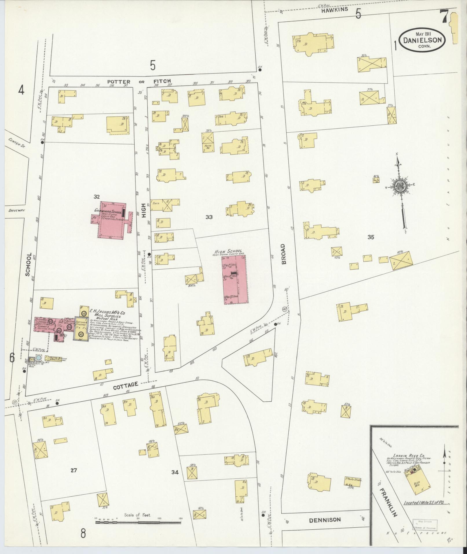 Sanborn Fire Insurance Map from Danielson, Windham County, Connecticut (1911), Sheet #0007 - Historic Sanborn Fire Insurance Map Print, vintage old map wall art, antique decor, genealogy gift, Connecticut Connecticut map