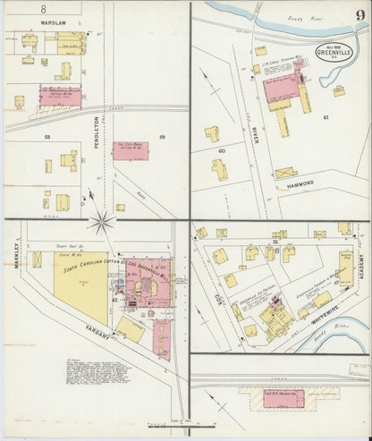 Sanborn Fire Insurance Map from Greenville, Greenville County, South Carolina (1898), Sheet #0009 - Complete Map Set gallery image, historic Sanborn map, vintage wall art, South Carolina South Carolina