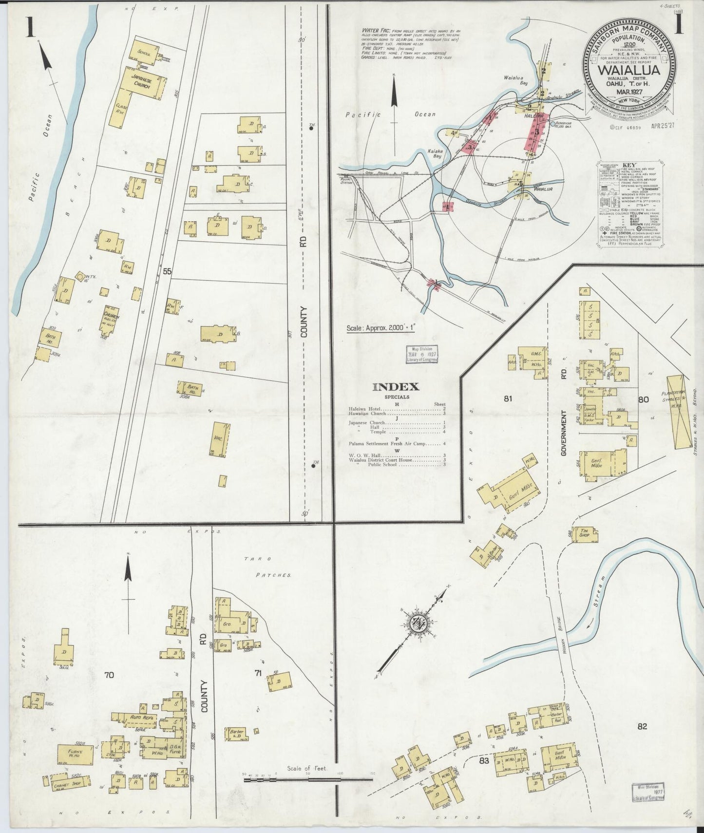 Sanborn Fire Insurance Map from Waialua, Honolulu County, Hawaii (1927), Sheet #0001 - Historic Sanborn Fire Insurance Map Print, vintage old map wall art, antique decor, genealogy gift, Hawaii Hawaii map