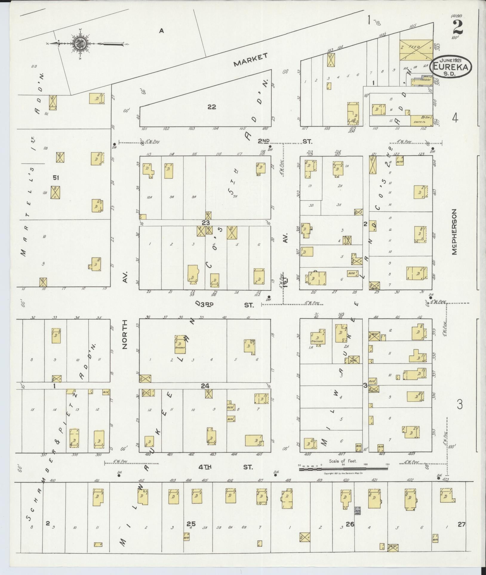 Sanborn Fire Insurance Map from Eureka, McPherson County, South Dakota (1921), Sheet #0002 - Historic Sanborn Fire Insurance Map Print, vintage old map wall art, antique decor, genealogy gift, South Dakota South Dakota map