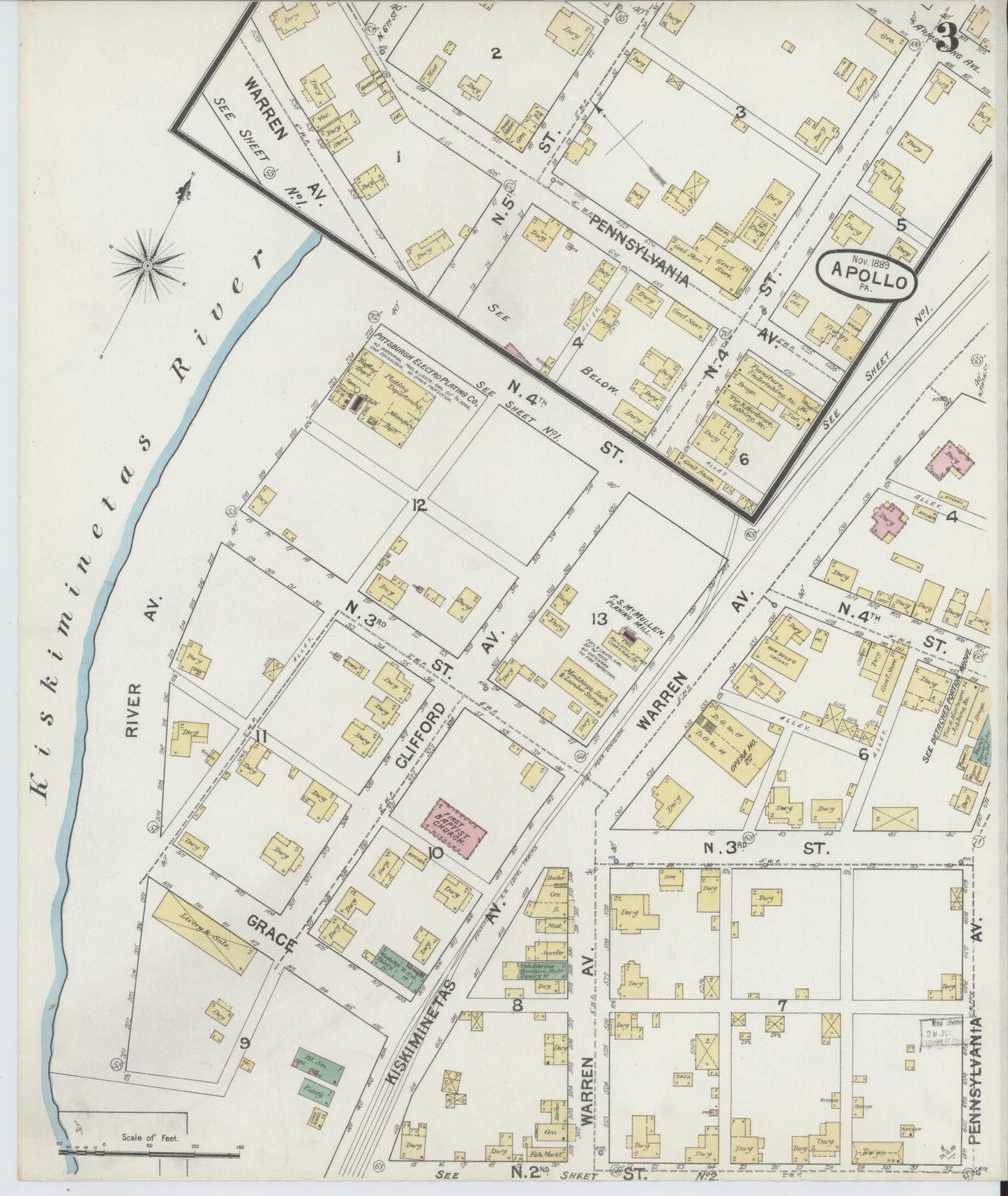 Sanborn Fire Insurance Map from Apollo, Armstrong County, Pennsylvania (1889), Sheet #0003 - Historic Sanborn Fire Insurance Map Print, vintage old map wall art, antique decor, genealogy gift, Pennsylvania Pennsylvania map