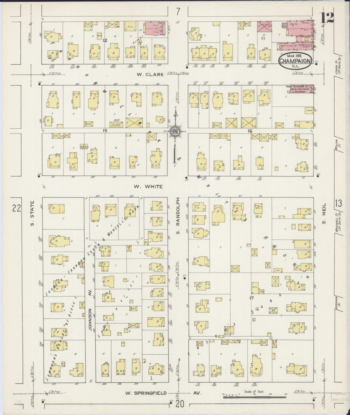 Sanborn Fire Insurance Map from Champaign, Champaign County, Illinois (1915), Sheet #0012 - Historic Sanborn Fire Insurance Map Print, vintage old map wall art, antique decor, genealogy gift, Illinois Illinois map