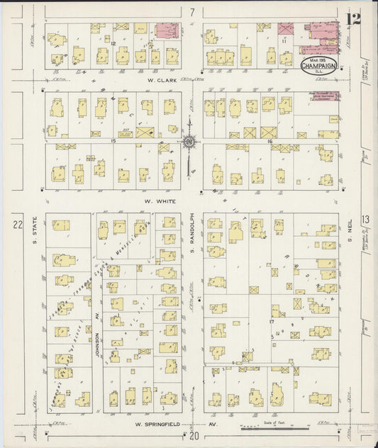 Sanborn Fire Insurance Map from Champaign, Champaign County, Illinois (1915), Sheet #0012 - Historic Sanborn Fire Insurance Map Print, vintage old map wall art, antique decor, genealogy gift, Illinois Illinois map