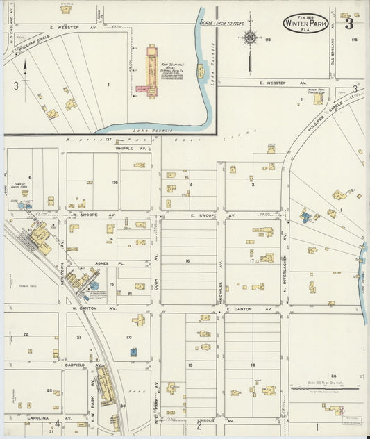 Sanborn Fire Insurance Map from Winter Park, Orange County, Florida (1919), Sheet #0003 - Historic Sanborn Fire Insurance Map Print, vintage old map wall art, antique decor, genealogy gift, Florida Florida map