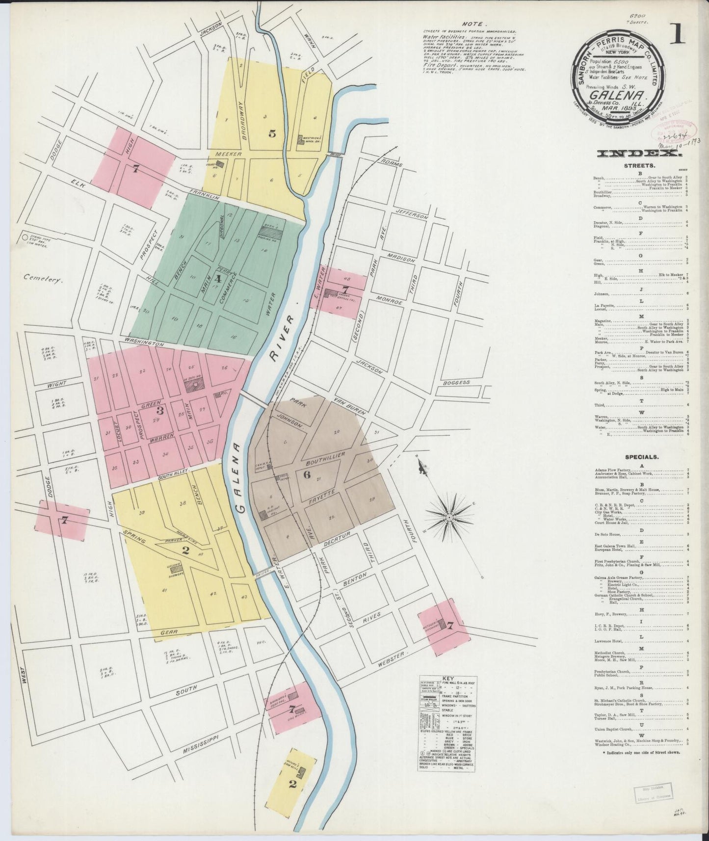 Sanborn Fire Insurance Map from Galena, Jo Daviess County, Illinois (1893), Sheet #0001 - Historic Sanborn Fire Insurance Map Print, vintage old map wall art, antique decor, genealogy gift, Illinois Illinois map
