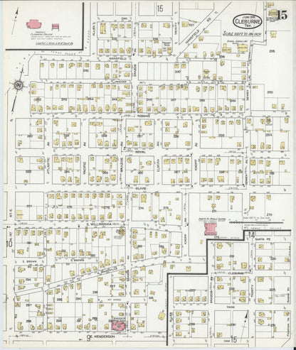 Sanborn Fire Insurance Map from Cleburne, Johnson County, Texas (1918), Sheet #0015 - Historic Sanborn Fire Insurance Map Print, vintage old map wall art, antique decor, genealogy gift, Texas Texas map