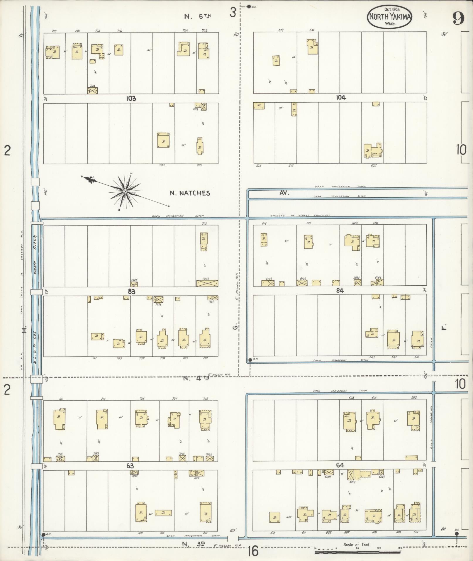 Sanborn Fire Insurance Map from North Yakima, Yakima County, Washington (1905), Sheet #0009 - Complete Map Set gallery image, historic Sanborn map, vintage wall art, Washington Washington