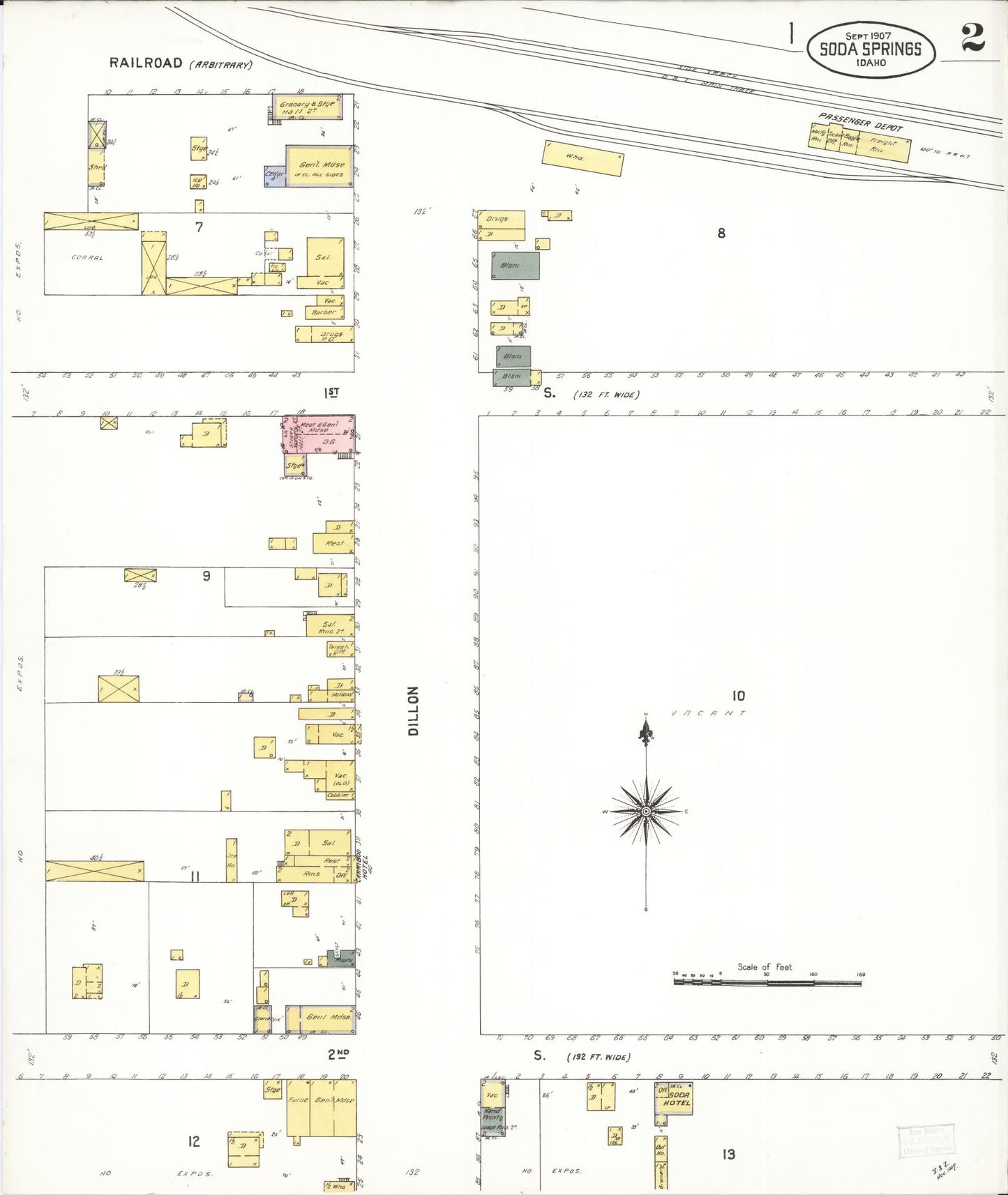 Sanborn Fire Insurance Map from Soda Springs, Caribou County, Idaho (1907), Sheet #0002 - Complete Map Set gallery image, historic Sanborn map, vintage wall art, Idaho Idaho