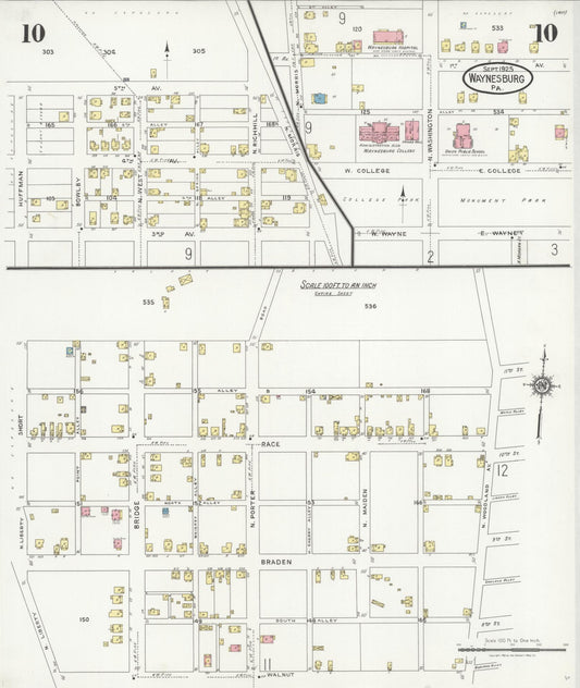 Sanborn Fire Insurance Map from Waynesburg, Greene County, Pennsylvania (1925), Sheet #0010 - Historic Sanborn Fire Insurance Map Print, vintage old map wall art, antique decor, genealogy gift, Pennsylvania Pennsylvania map
