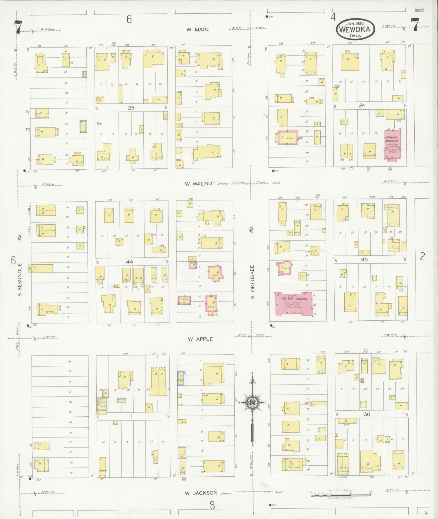 Sanborn Fire Insurance Map from Wewoka, Seminole County, Oklahoma (1930), Sheet #0007 - Complete Map Set gallery image, historic Sanborn map, vintage wall art, Oklahoma Oklahoma