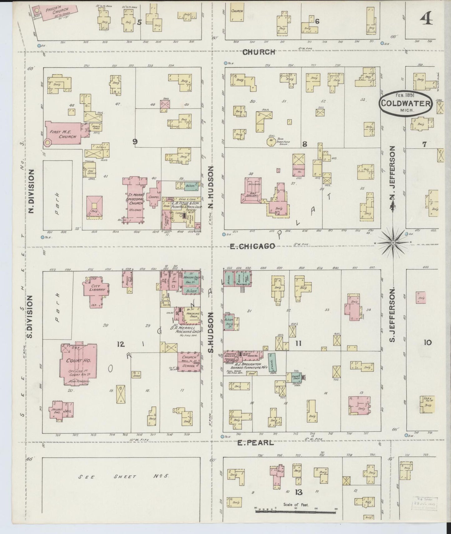 Sanborn Fire Insurance Map from Coldwater, Branch County, Michigan (1891), Sheet #0004 - Historic Sanborn Fire Insurance Map Print, vintage old map wall art, antique decor, genealogy gift, Michigan Michigan map