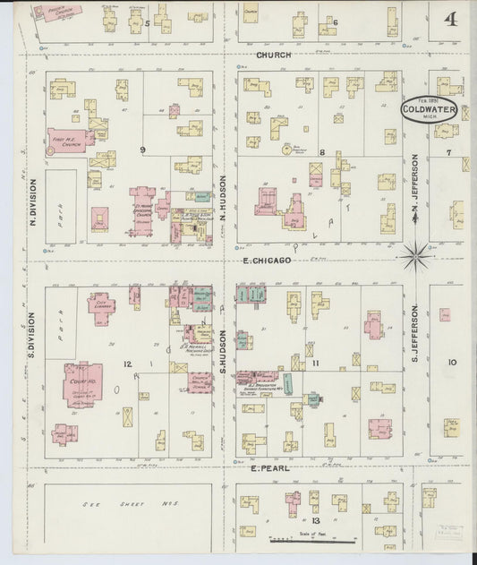 Sanborn Fire Insurance Map from Coldwater, Branch County, Michigan (1891), Sheet #0004 - Historic Sanborn Fire Insurance Map Print, vintage old map wall art, antique decor, genealogy gift, Michigan Michigan map