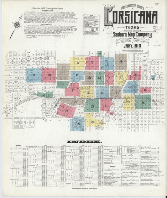 Sanborn Fire Insurance Map from Corsicana, Navarro County, Texas (1910), Sheet #0001 - Complete Map Set gallery image, historic Sanborn map, vintage wall art, Texas Texas