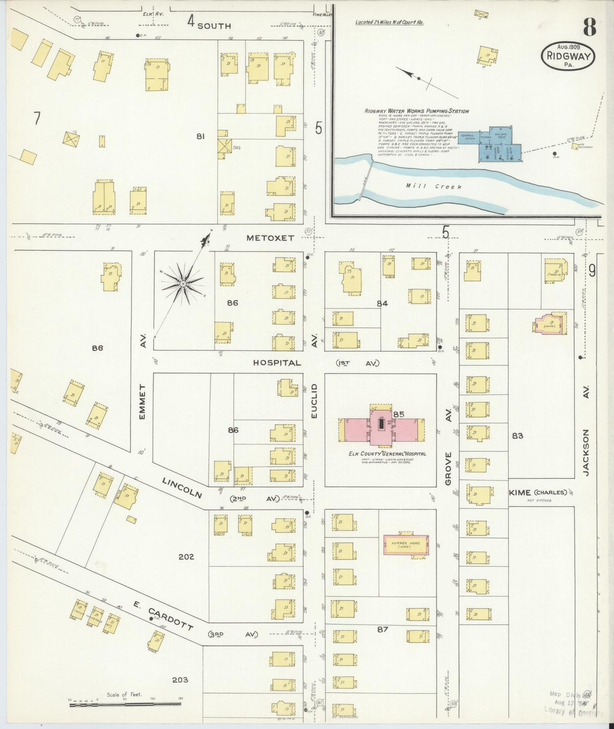 Sanborn Fire Insurance Map from Ridgway, Elk County, Pennsylvania (1909), Sheet #0008 - Historic Sanborn Fire Insurance Map Print, vintage old map wall art, antique decor, genealogy gift, Pennsylvania Pennsylvania map