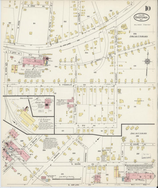 Sanborn Fire Insurance Map from Gastonia, Gaston County, North Carolina (1915), Sheet #0010 - Historic Sanborn Fire Insurance Map Print, vintage old map wall art, antique decor, genealogy gift, North Carolina North Carolina map