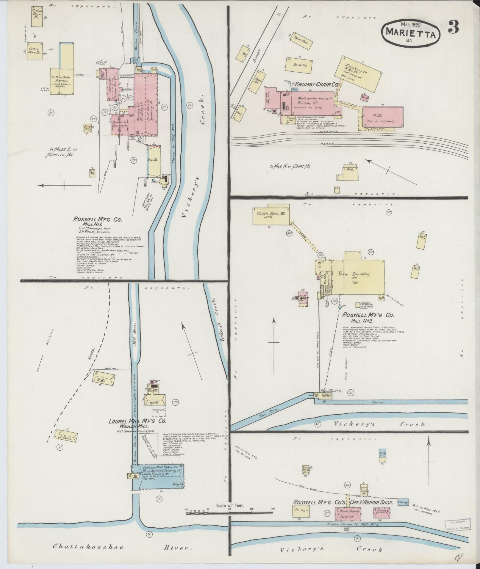 Sanborn Fire Insurance Map from Marietta, Cobb County, Georgia (1890), Sheet #0003 - Historic Sanborn Fire Insurance Map Print, vintage old map wall art, antique decor, genealogy gift, Georgia Georgia map