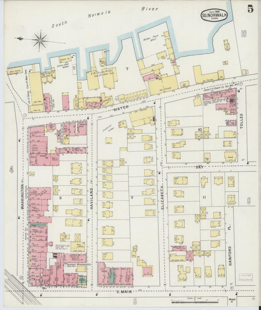 Sanborn Fire Insurance Map from South Norwalk, Fairfield County, Connecticut (1895), Sheet #0005 - Historic Sanborn Fire Insurance Map Print, vintage old map wall art, antique decor, genealogy gift, Connecticut Connecticut map