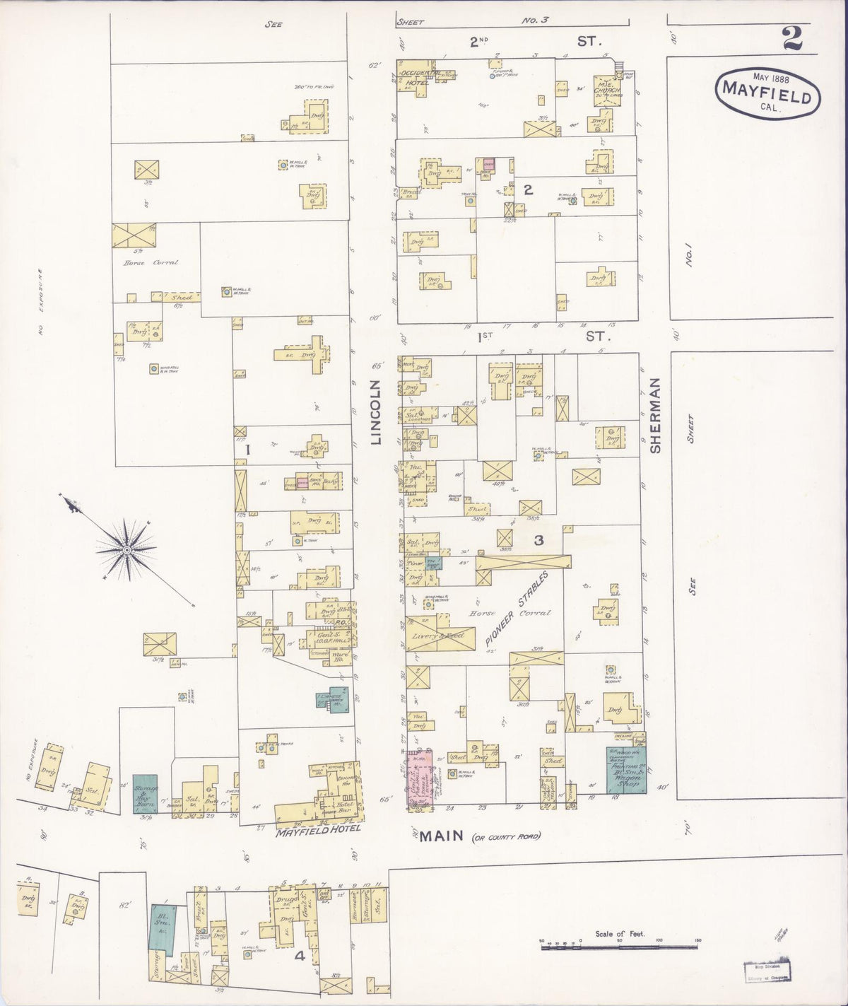 Sanborn Fire Insurance Map from Mayfield, Santa Clara County, California (1888), Sheet #0002 - Complete Map Set gallery image, historic Sanborn map, vintage wall art, California California
