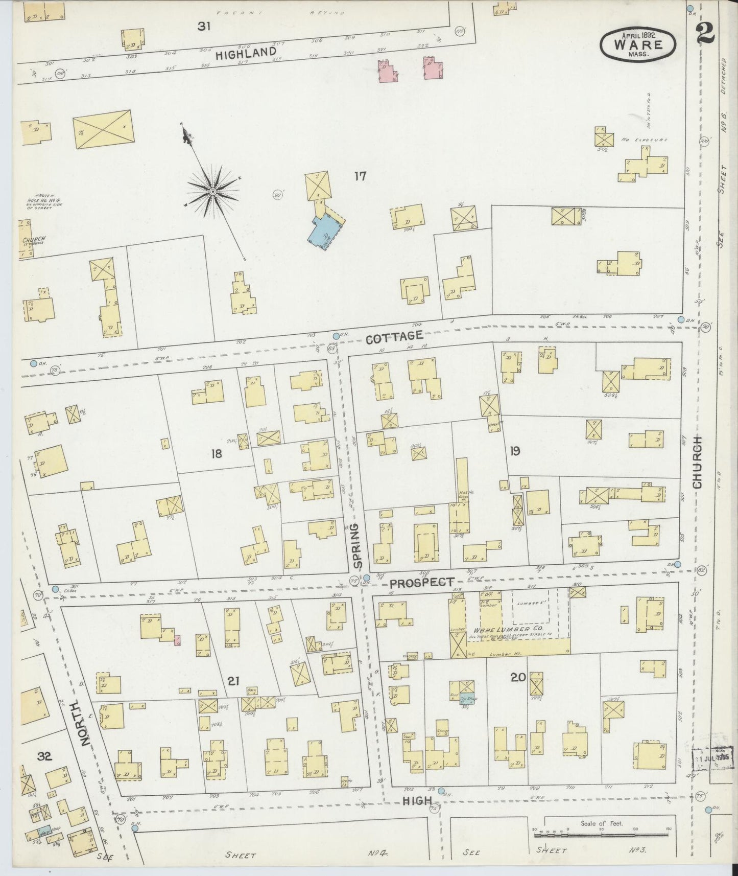 Sanborn Fire Insurance Map from Ware, Hampshire County, Massachusetts (1892), Sheet #0002 - Complete Map Set gallery image, historic Sanborn map, vintage wall art, Massachusetts Massachusetts