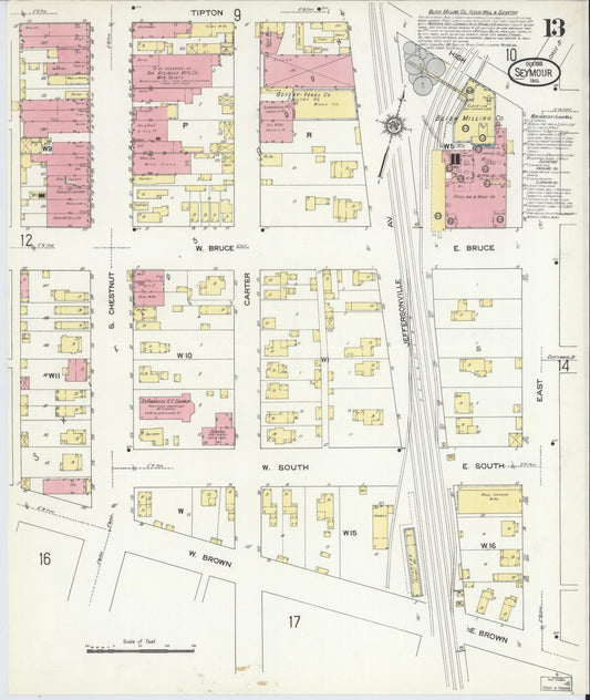Sanborn Fire Insurance Map from Seymour, Jackson County, Indiana (1913), Sheet #0013 - Historic Sanborn Fire Insurance Map Print, vintage old map wall art, antique decor, genealogy gift, Indiana Indiana map