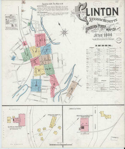 Sanborn Fire Insurance Map from Clinton, Worcester County, Massachusetts (1899), Sheet #0001 - Historic Sanborn Fire Insurance Map Print, vintage old map wall art, antique decor, genealogy gift, Massachusetts Massachusetts map