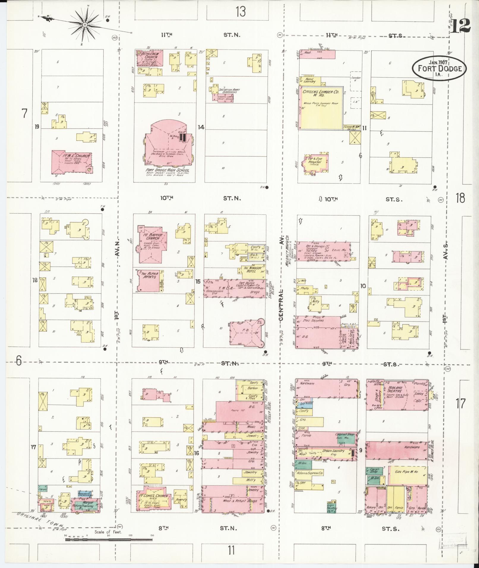 Sanborn Fire Insurance Map from Fort Dodge, Webster County, Iowa (1907), Sheet #0012 - Historic Sanborn Fire Insurance Map Print, vintage old map wall art