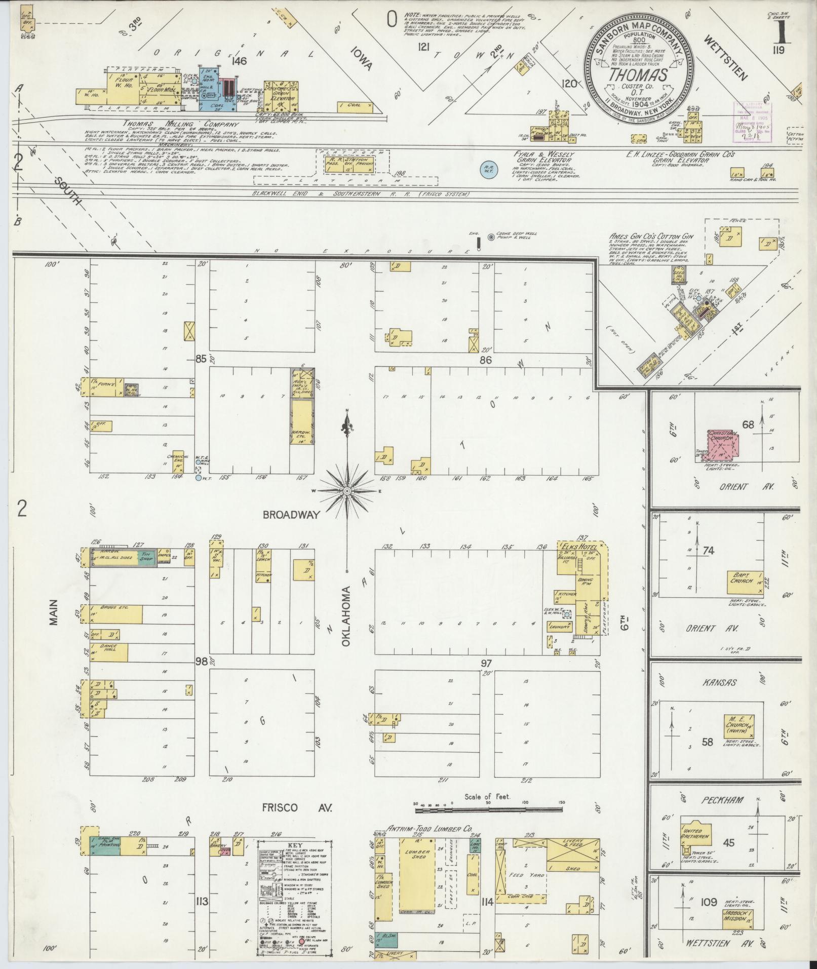 Sanborn Fire Insurance Map from Thomas, Custer County, Oklahoma (1904), Sheet #0001 - Historic Sanborn Fire Insurance Map Print, vintage old map wall art, antique decor, genealogy gift, Oklahoma Oklahoma map