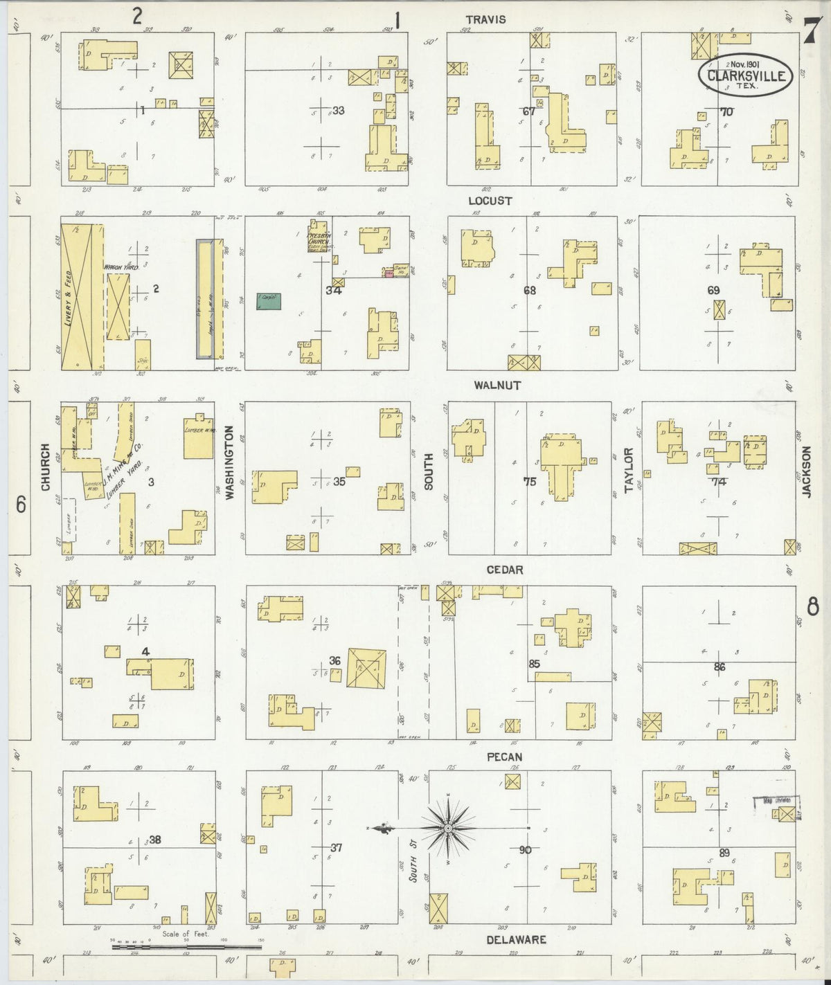 Sanborn Fire Insurance Map from Clarksville, Red River County, Texas (1901), Sheet #0007 - Complete Map Set gallery image, historic Sanborn map, vintage wall art, Texas Texas