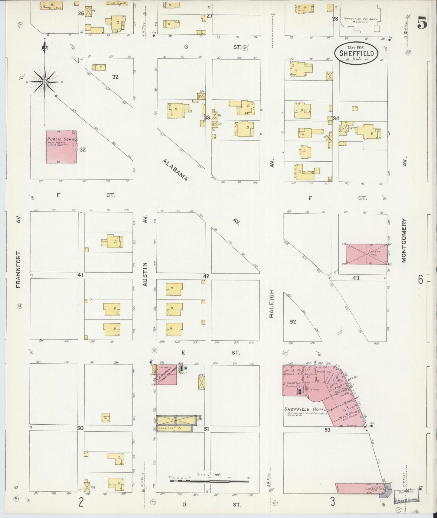 Sanborn Fire Insurance Map from Sheffield, Colbert County, Alabama (1908), Sheet #0005 - Historic Sanborn Fire Insurance Map Print, vintage old map wall art, antique decor, genealogy gift, Alabama Alabama map