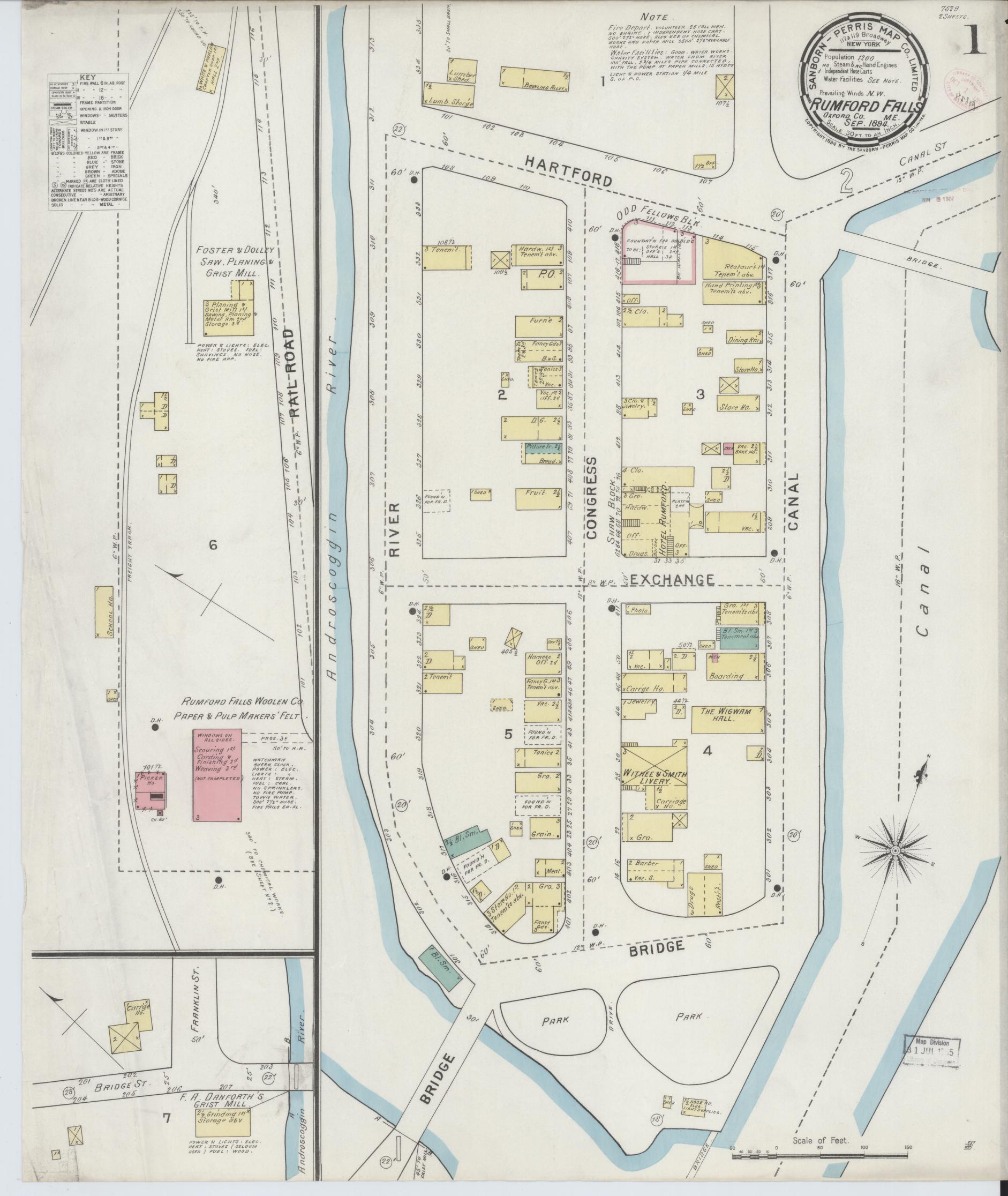 Sanborn Fire Insurance Map from Rumford Falls, Oxford County, Maine (1894), Sheet #0001 - Historic Sanborn Fire Insurance Map Print, vintage old map wall art, antique decor, genealogy gift, Maine Maine map