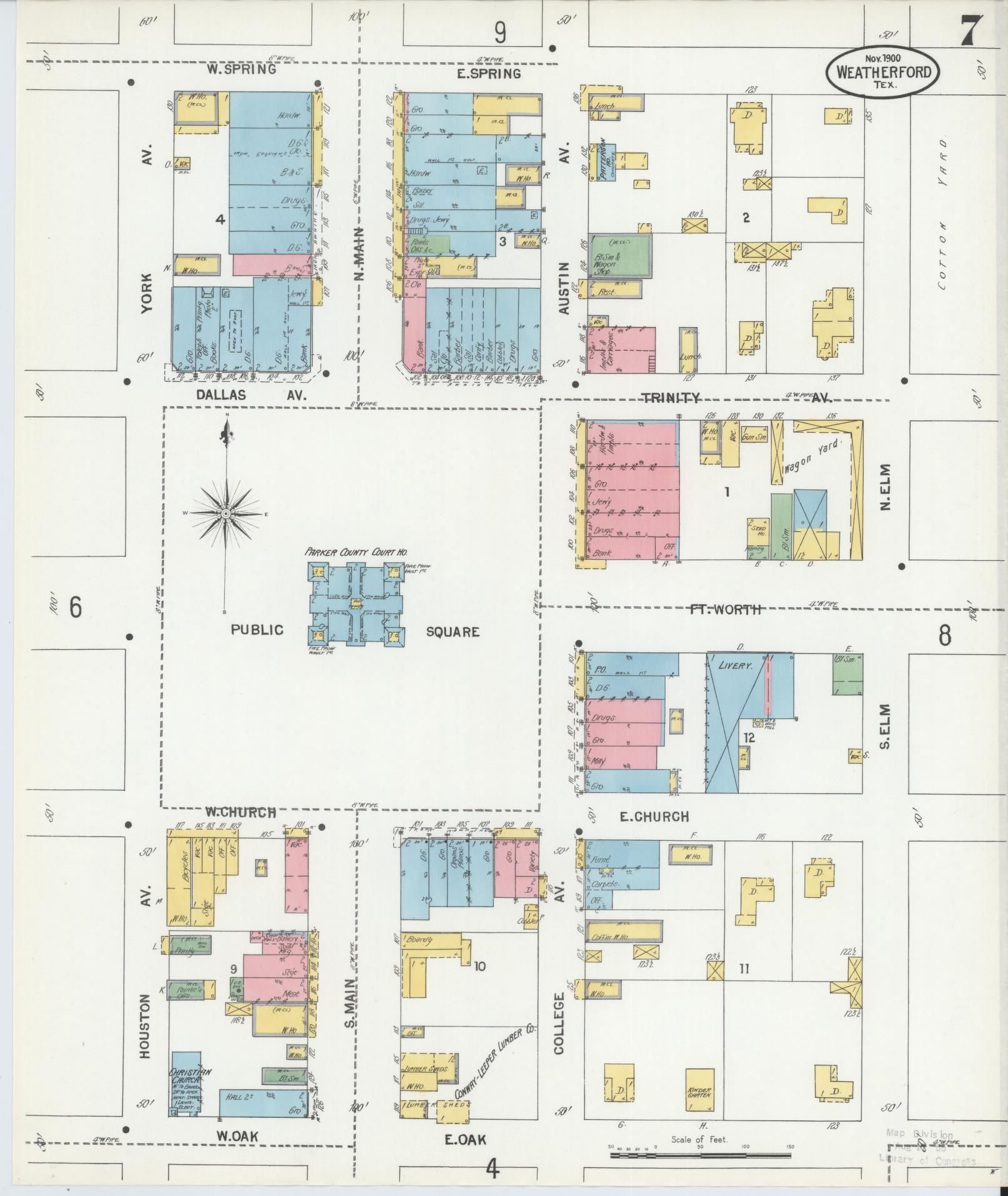 Sanborn Fire Insurance Map from Weatherford, Parker County, Texas (1900), Sheet #0007 - Historic Sanborn Fire Insurance Map Print, vintage old map wall art, antique decor, genealogy gift, Texas Texas map