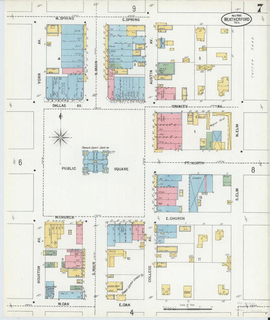 Sanborn Fire Insurance Map from Weatherford, Parker County, Texas (1900), Sheet #0007 - Historic Sanborn Fire Insurance Map Print, vintage old map wall art, antique decor, genealogy gift, Texas Texas map