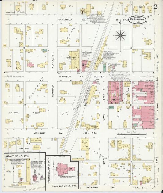 Sanborn Fire Insurance Map from Chrisman, Edgar County, Illinois (1908), Sheet #0002 - Historic Sanborn Fire Insurance Map Print, vintage old map wall art, antique decor, genealogy gift, Illinois Illinois map