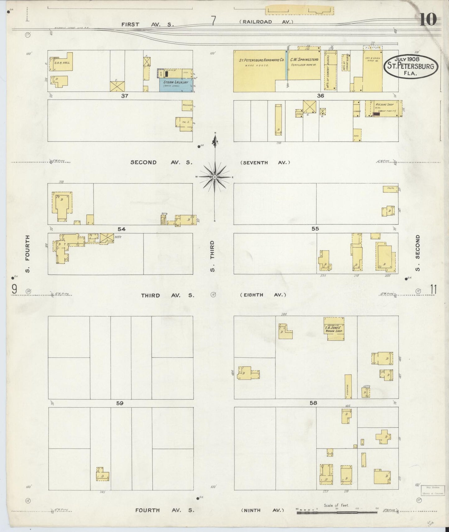 Sanborn Fire Insurance Map from Saint Petersburg, Pinellas County, Florida (1908), Sheet #0010 - Complete Map Set gallery image, historic Sanborn map, vintage wall art, Florida Florida