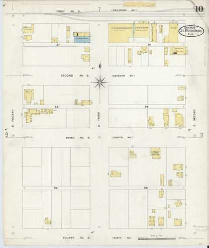 Sanborn Fire Insurance Map from Saint Petersburg, Pinellas County, Florida (1908), Sheet #0010 - Complete Map Set gallery image, historic Sanborn map, vintage wall art, Florida Florida