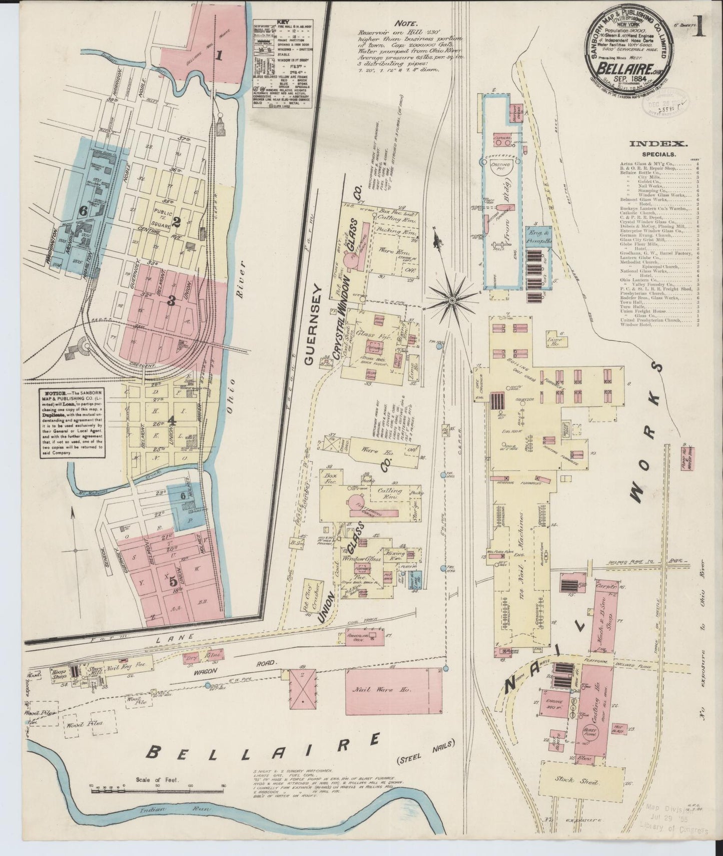 Sanborn Fire Insurance Map from Bellaire, Belmont County, Ohio (1884), Sheet #0001 - Historic Sanborn Fire Insurance Map Print, vintage old map wall art, antique decor, genealogy gift, Ohio Ohio map