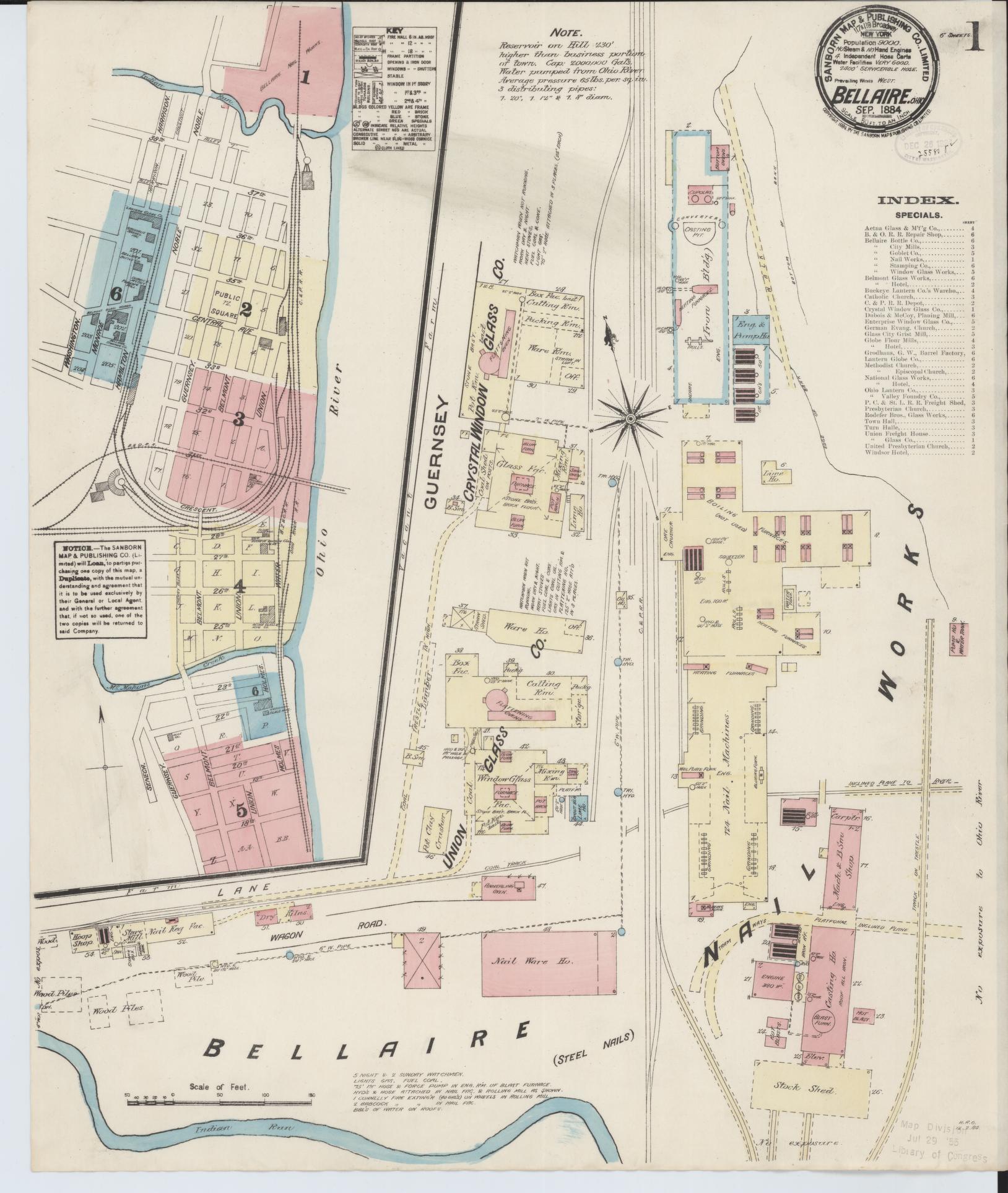 Sanborn Fire Insurance Map from Bellaire, Belmont County, Ohio (1884), Sheet #0001 - Historic Sanborn Fire Insurance Map Print, vintage old map wall art, antique decor, genealogy gift, Ohio Ohio map