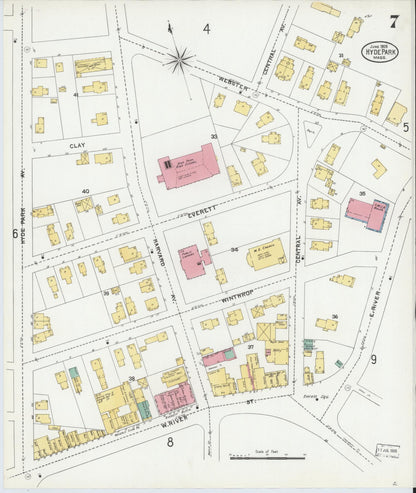 Sanborn Fire Insurance Map from Hyde Park, Norfolk County, Massachusetts (1905), Sheet #0007 - Historic Sanborn Fire Insurance Map Print, vintage old map wall art, antique decor, genealogy gift, Massachusetts Massachusetts map