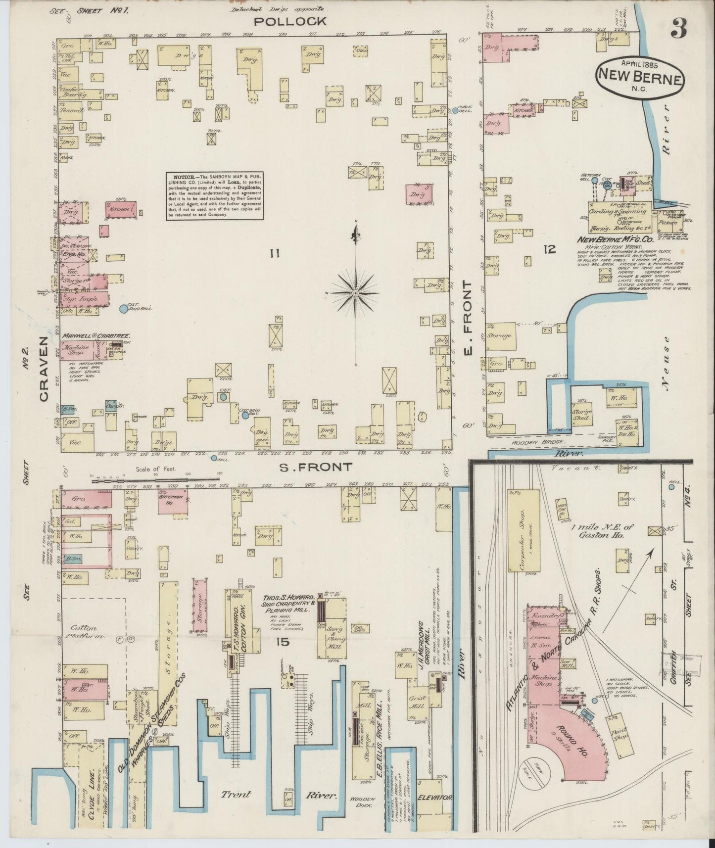 Sanborn Fire Insurance Map from New Bern, Craven County, North Carolina (1885), Sheet #0003 - Complete Map Set gallery image, historic Sanborn map, vintage wall art, North Carolina North Carolina