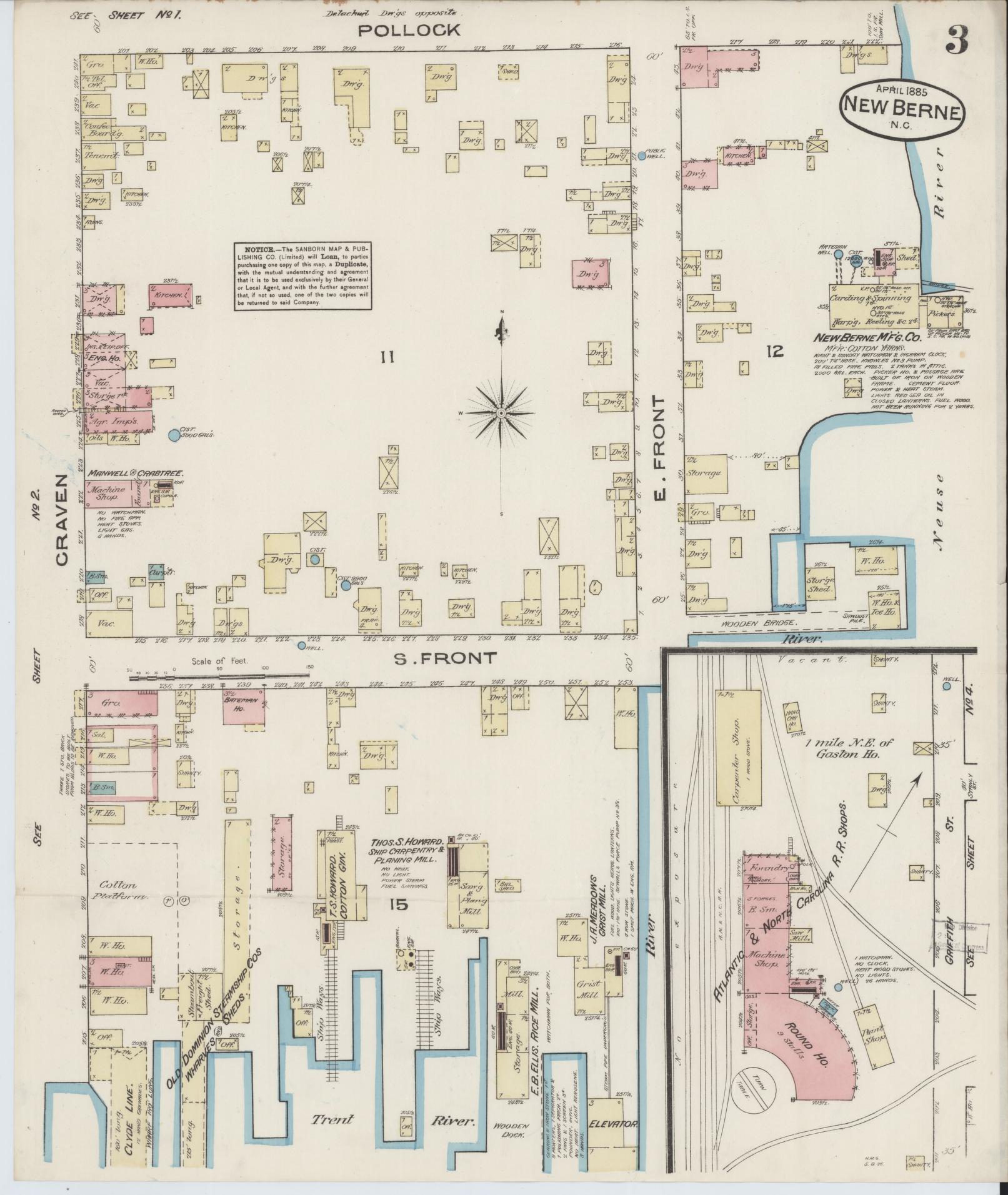 Sanborn Fire Insurance Map from New Bern, Craven County, North Carolina (1885), Sheet #0003 - Complete Map Set gallery image, historic Sanborn map, vintage wall art, North Carolina North Carolina