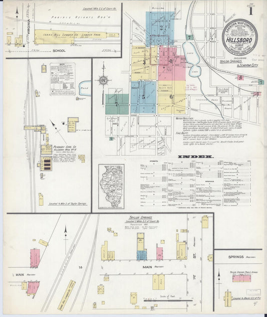 Sanborn Fire Insurance Map from Hillsboro, Montgomery County, Illinois (1912), Sheet #0001 - Historic Sanborn Fire Insurance Map Print, vintage old map wall art, antique decor, genealogy gift, Illinois Illinois map